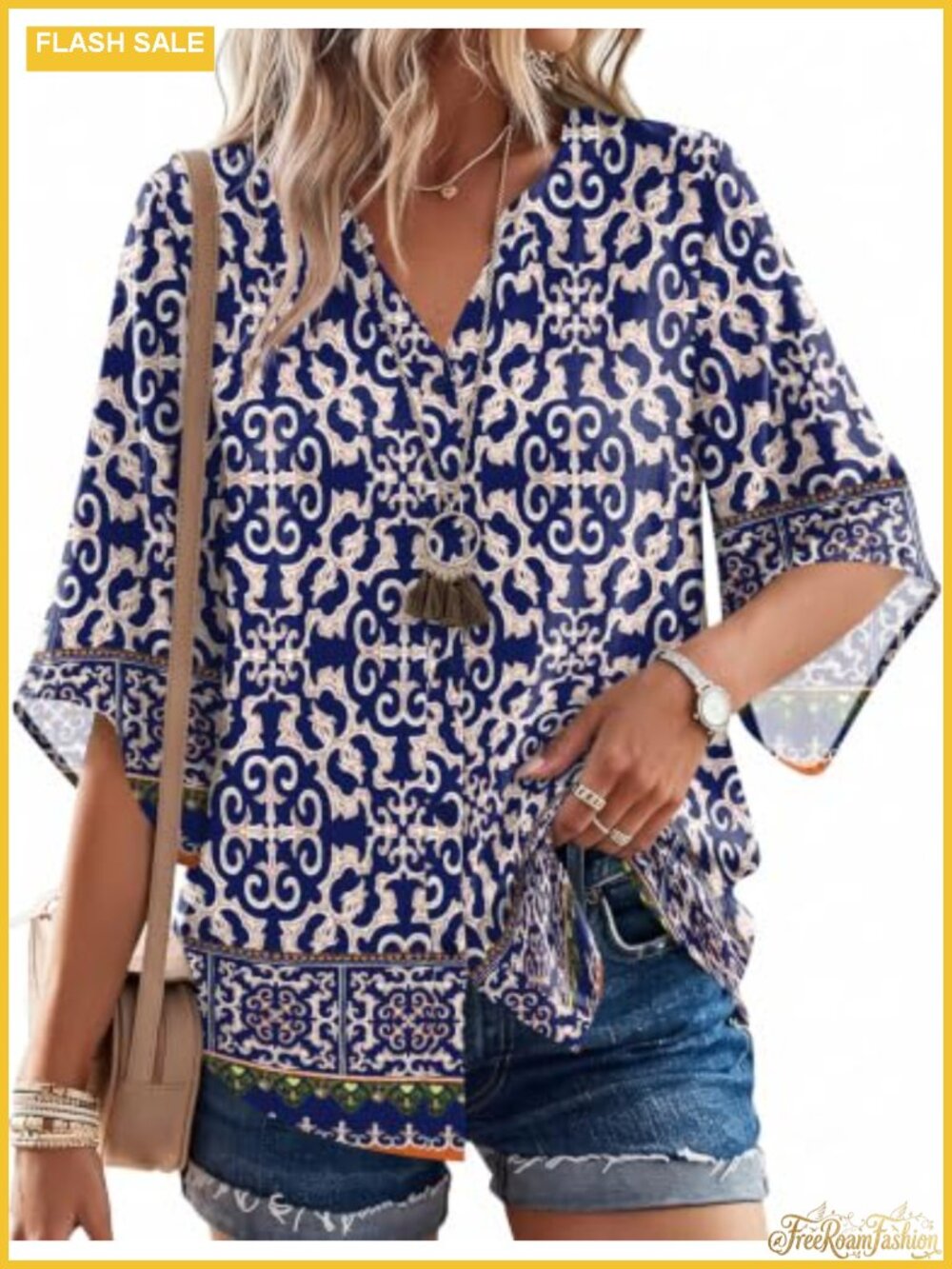 Women's Boho Floral Button Down Shirt 3/4 Sleeve V-Neck Loose Fit